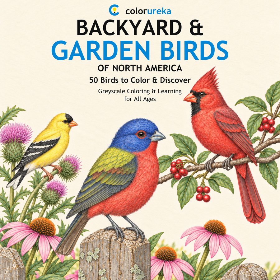 Backyard and Garden Birds of North America greyscale coloring and learning book cover, featuring a colorful Painted Bunting, cardinal and goldfinch