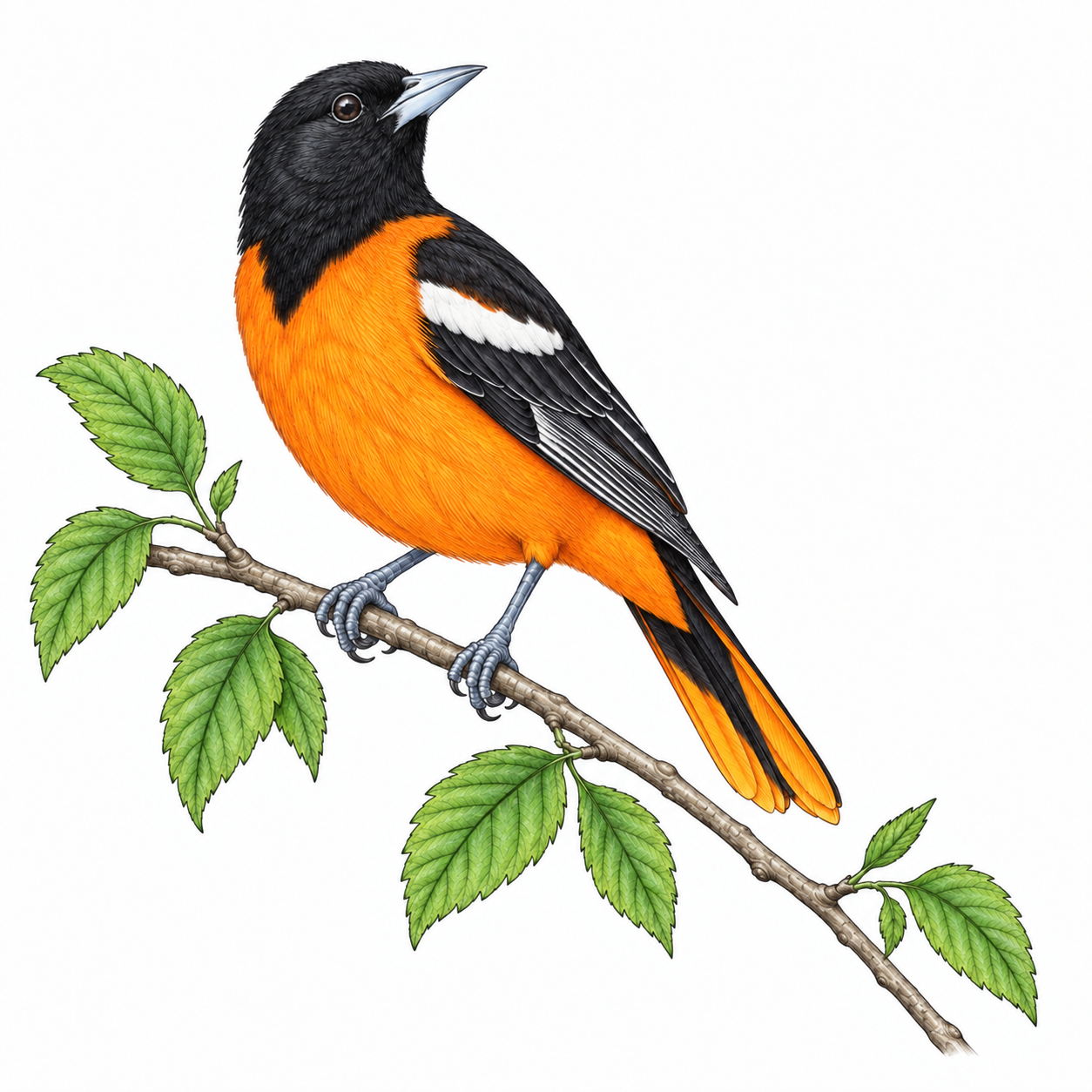 Colored illustration of Baltimore Oriole from the book