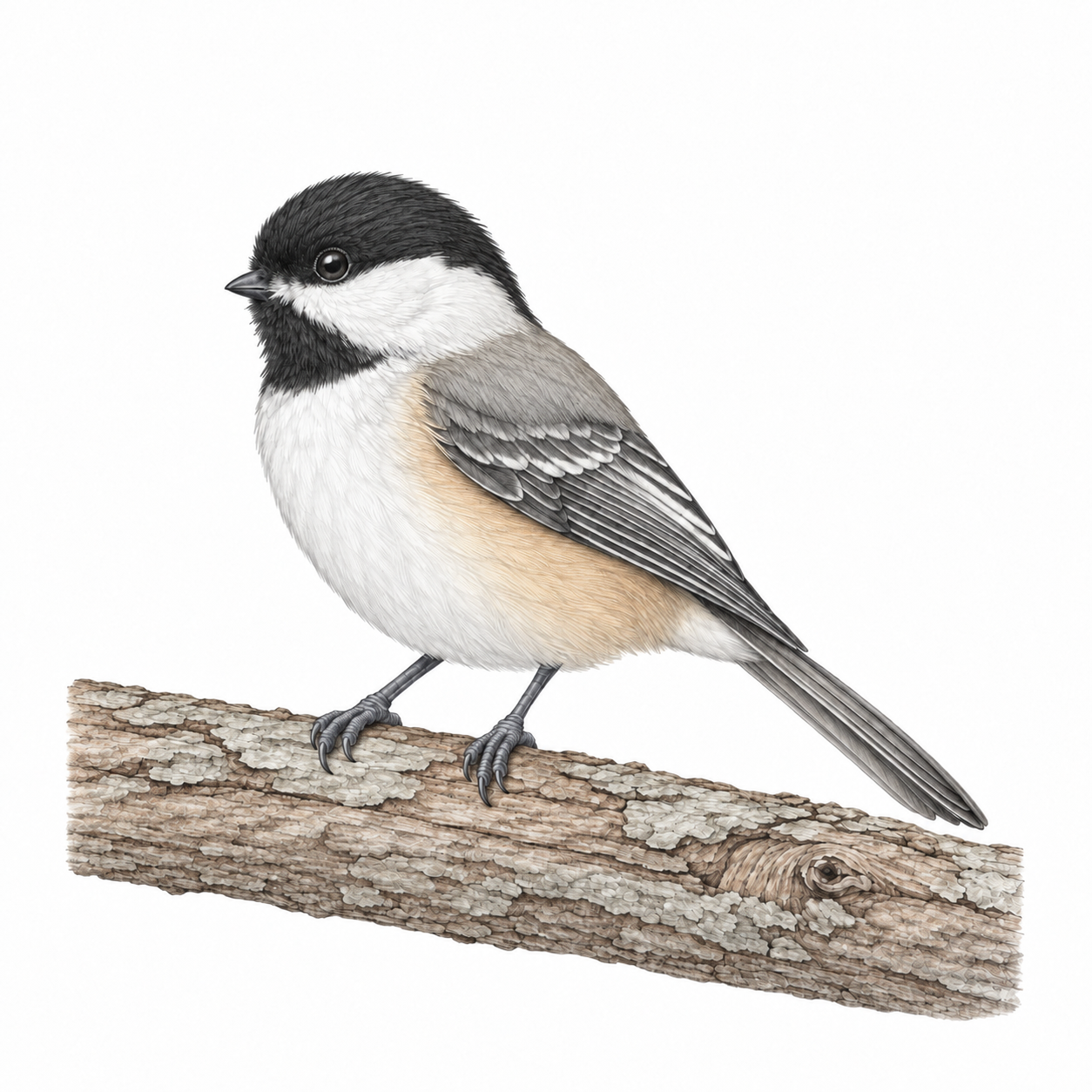 Colored illustration of Black-capped Chickadee from the book