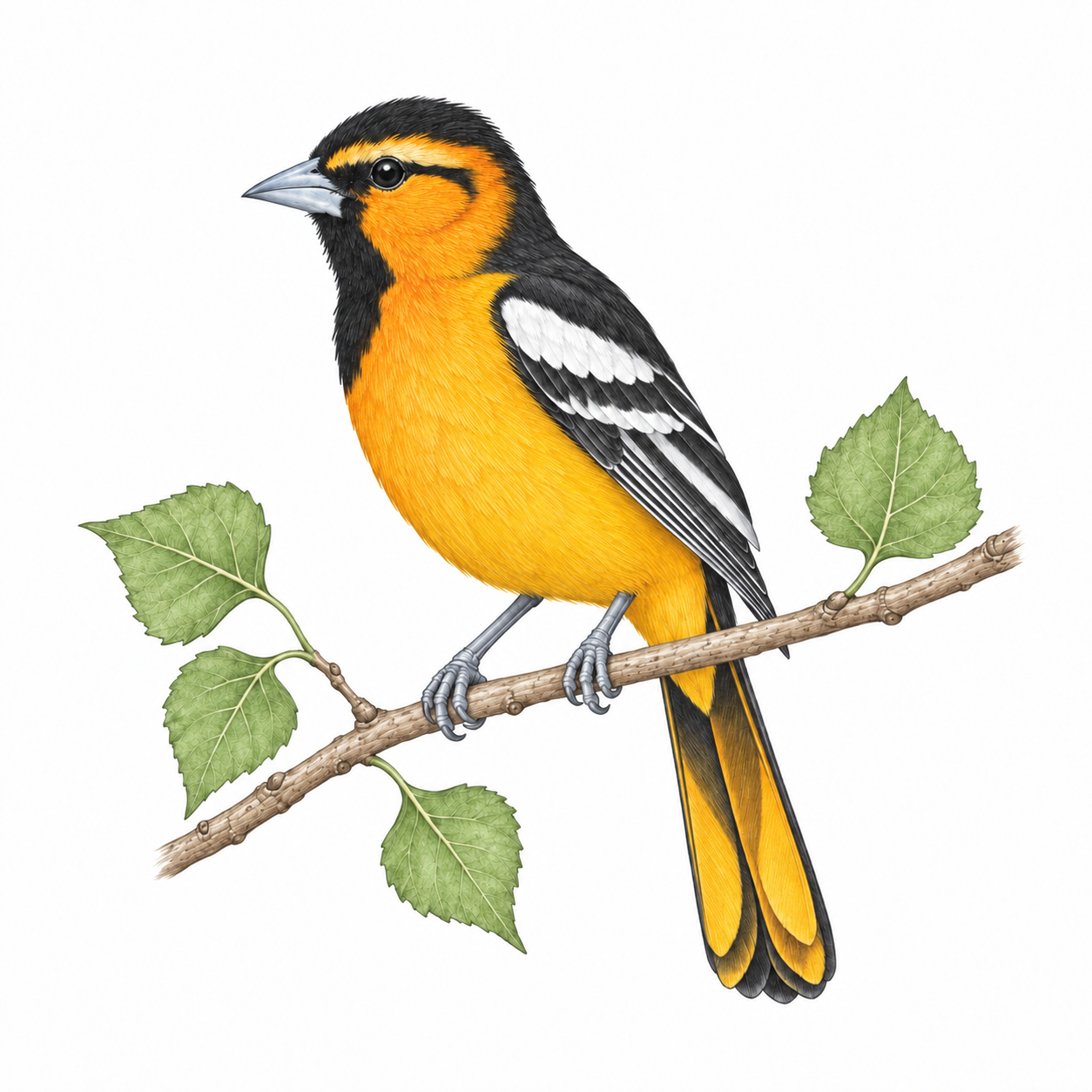 Colored illustration of Bullock's Oriole from the book
