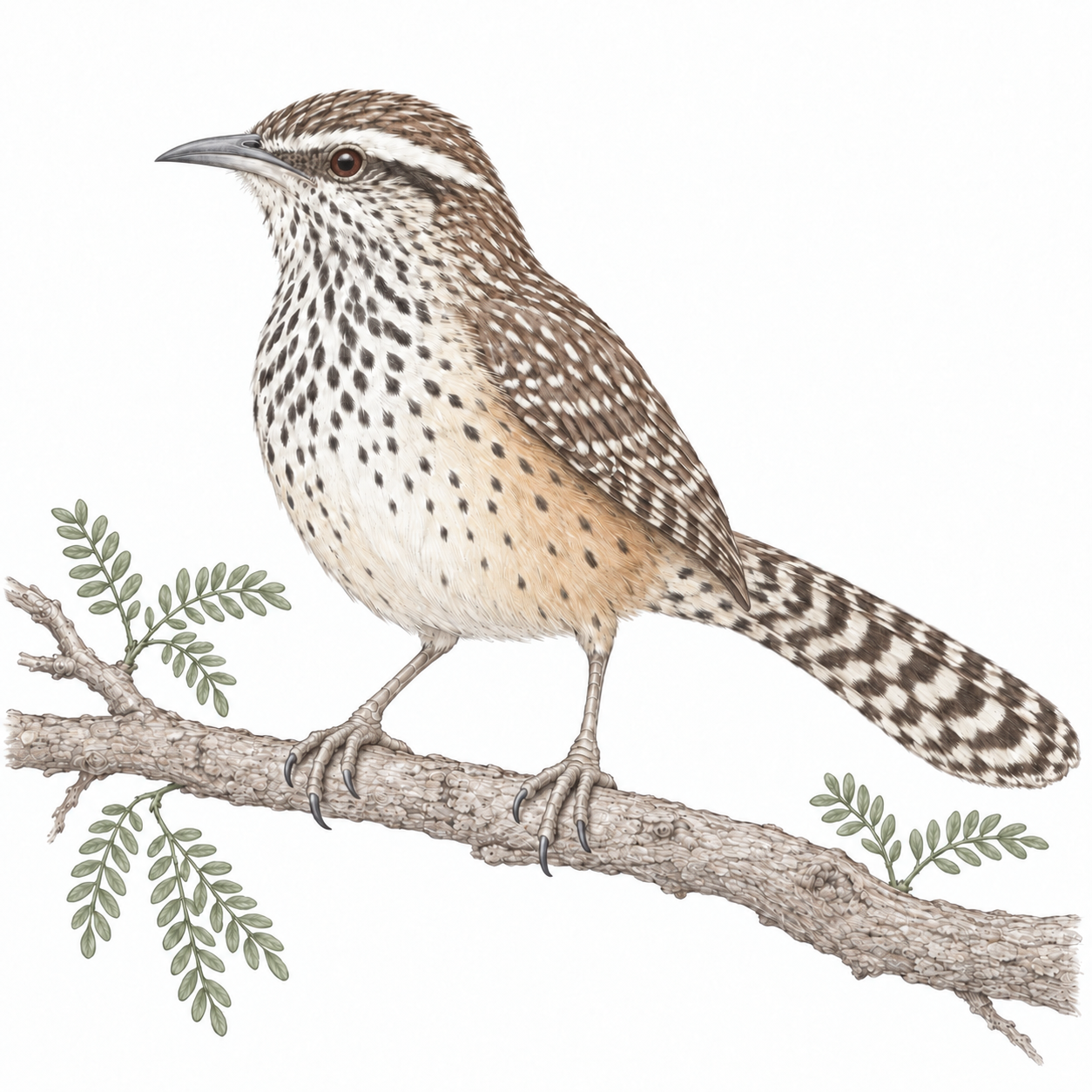 Colored illustration of Cactus Wren from the book