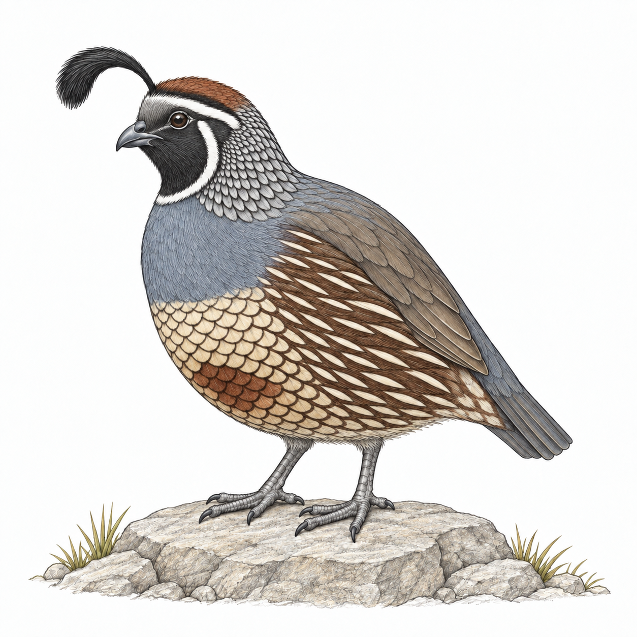 Colored illustration of California Quail from the book