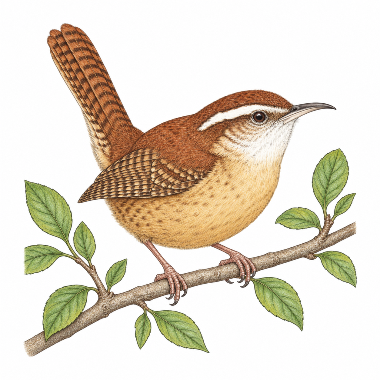 Colored illustration of Carolina Wren from the book