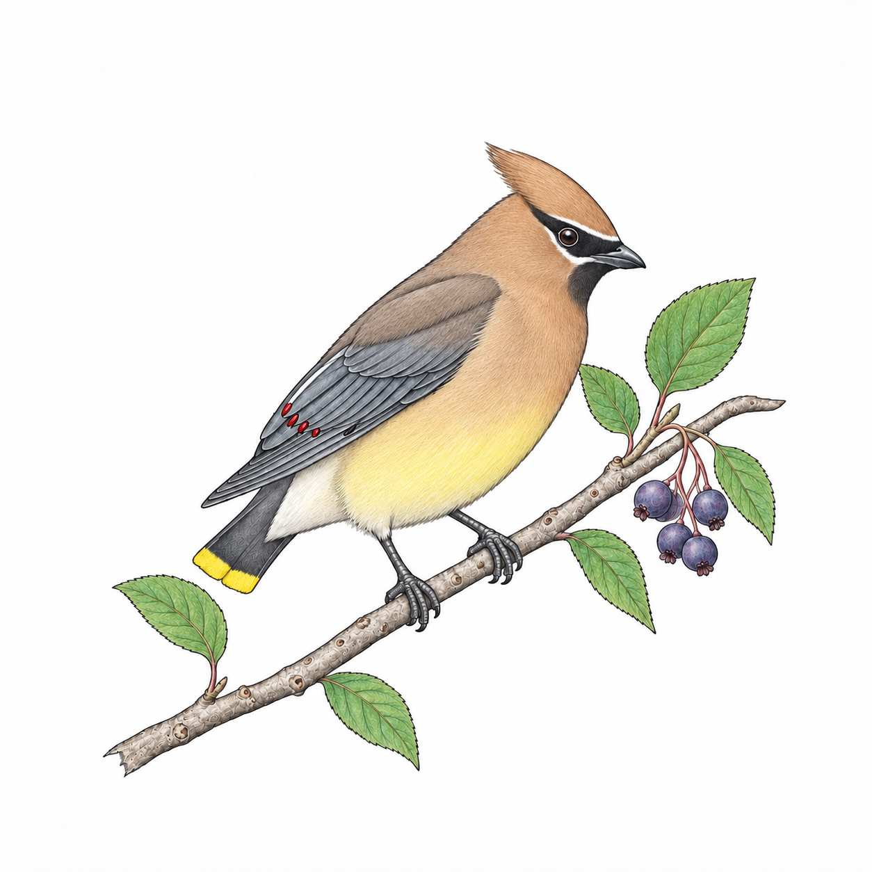 Colored illustration of Cedar Waxwing from the book