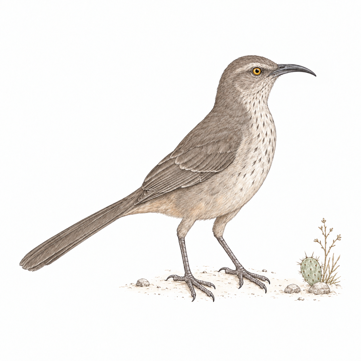 Colored illustration of Curve-billed Thrasher from the book