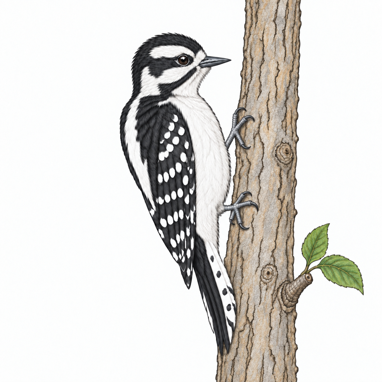 Colored illustration of Downy Woodpecker from the book