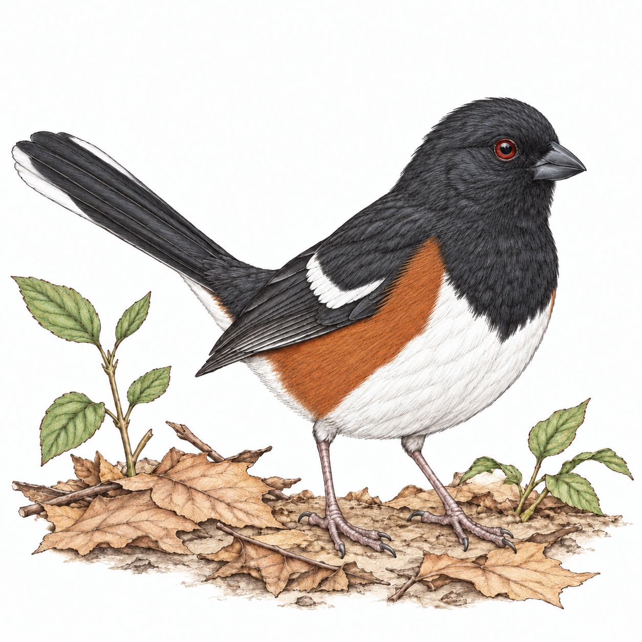 Colored illustration of Eastern Towhee from the book
