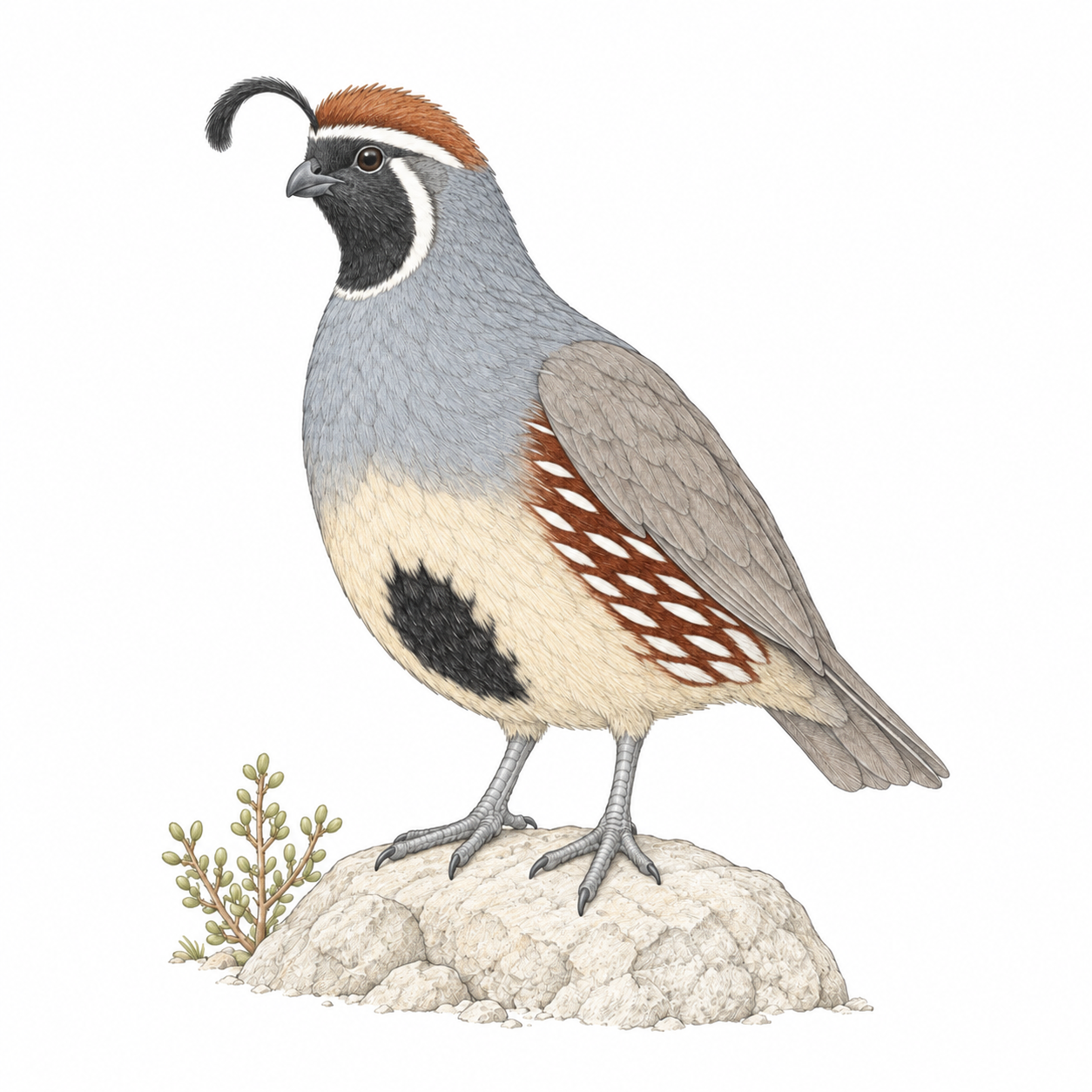 Colored illustration of Gambel's Quail from the book