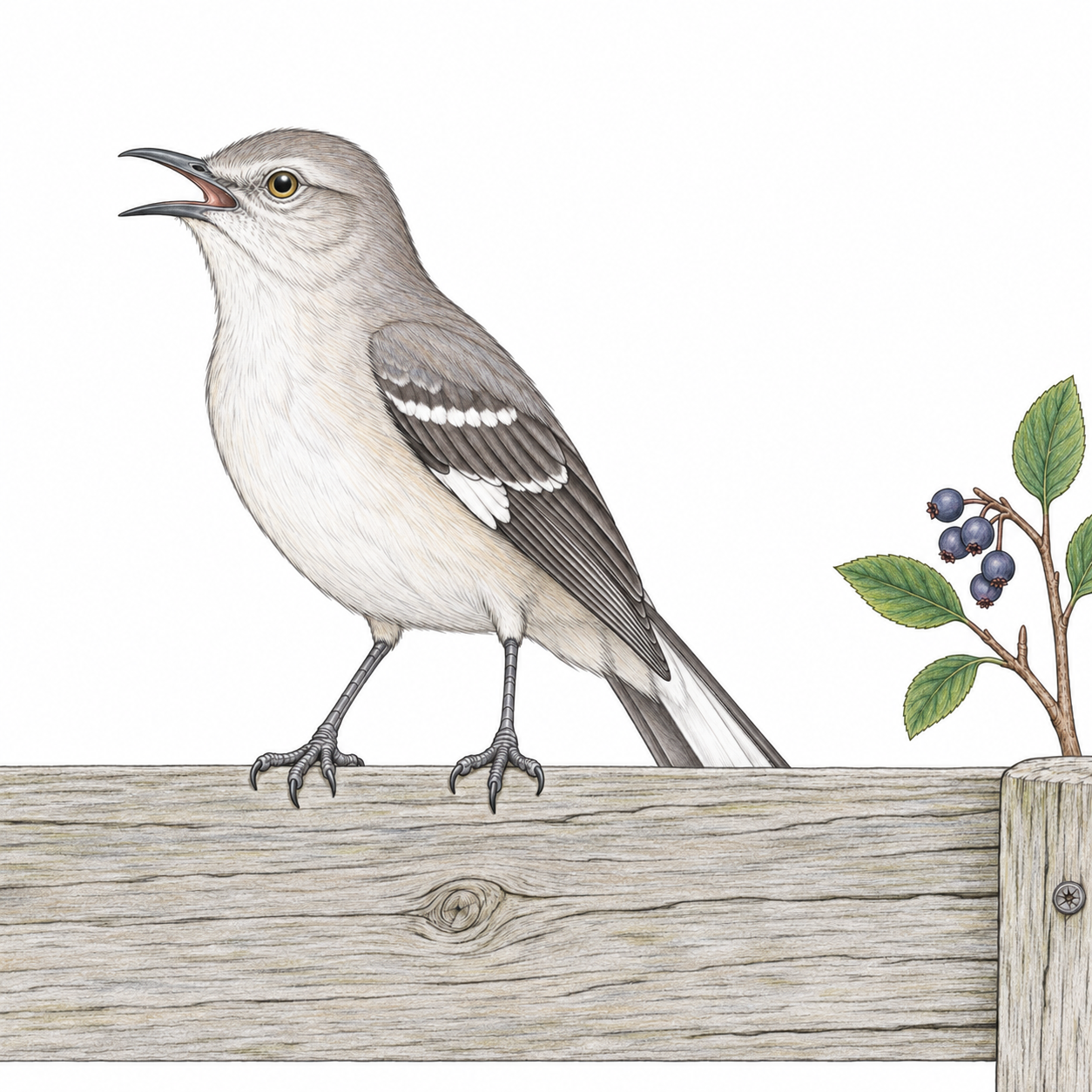 Colored illustration of Northern Mockingbird from the book