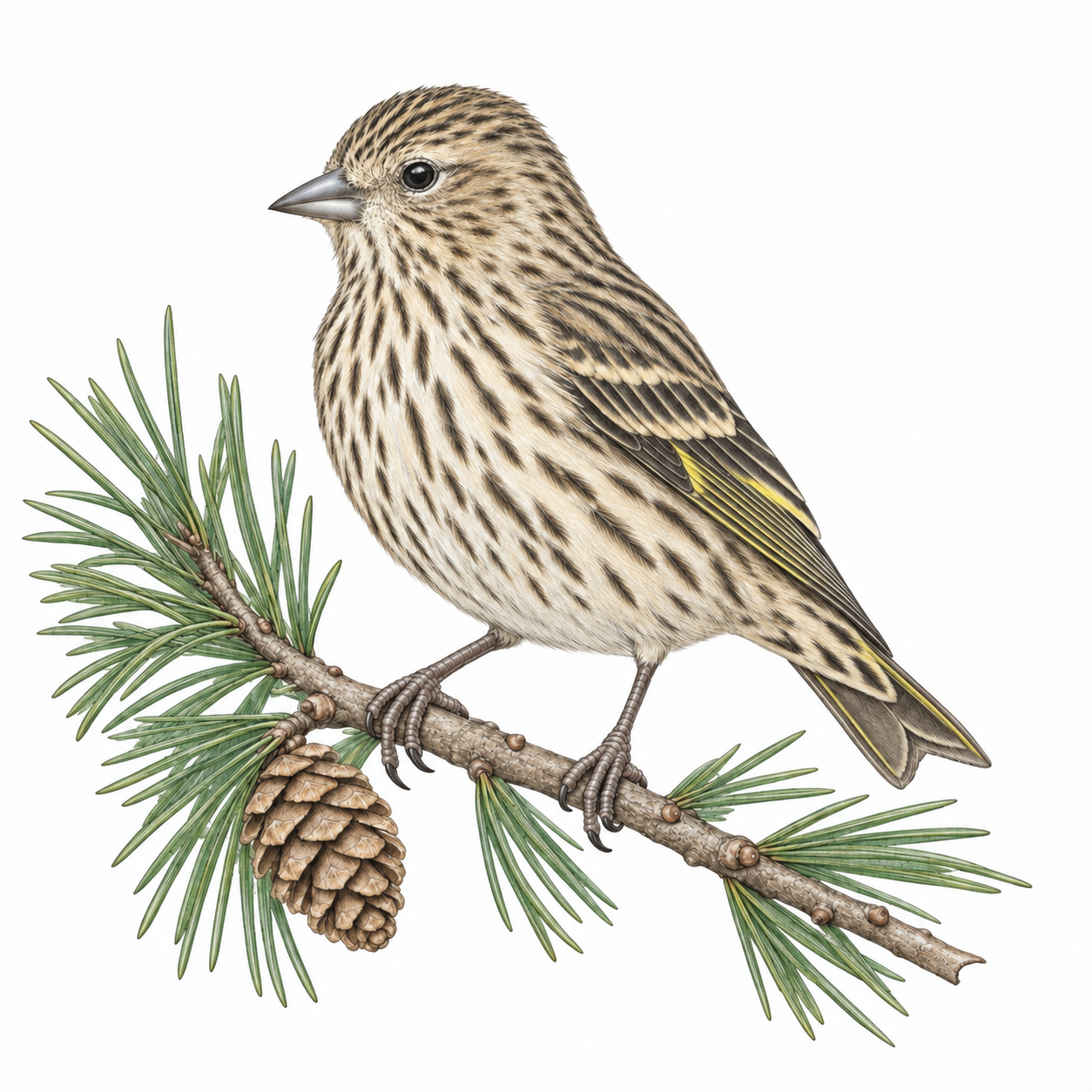 Colored illustration of Pine Siskin from the book