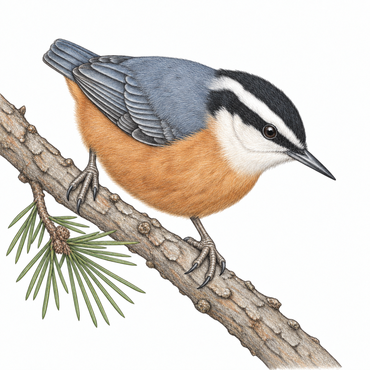 Colored illustration of Red-breasted Nuthatch from the book