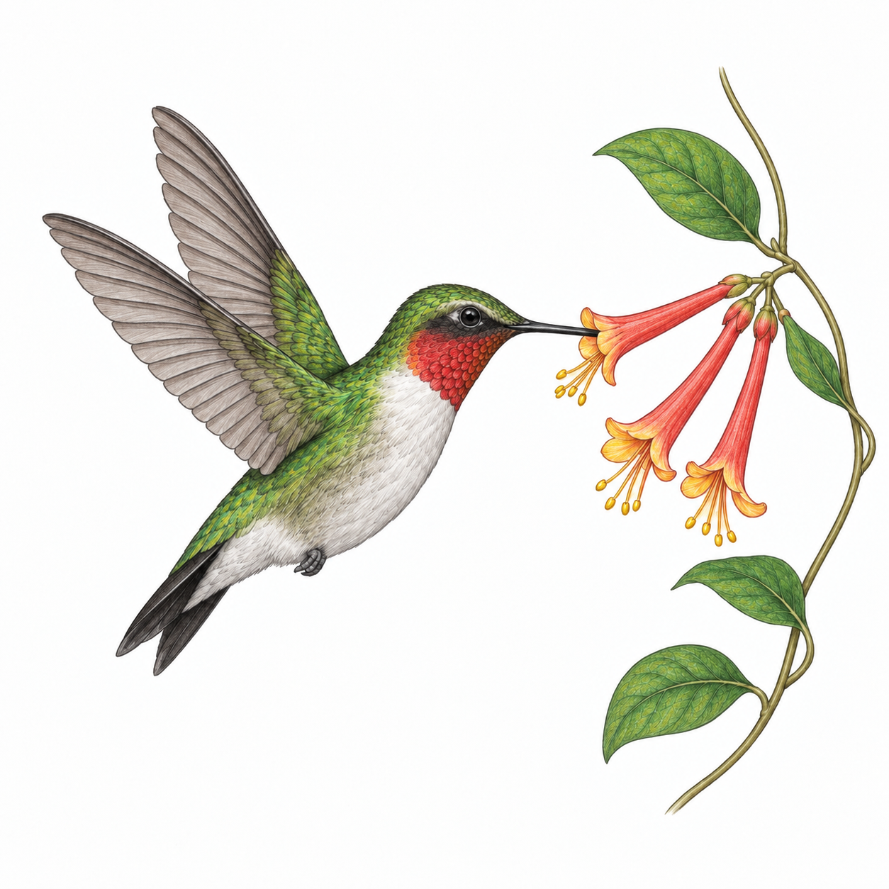 Colored illustration of Ruby-throated Hummingbird from the book