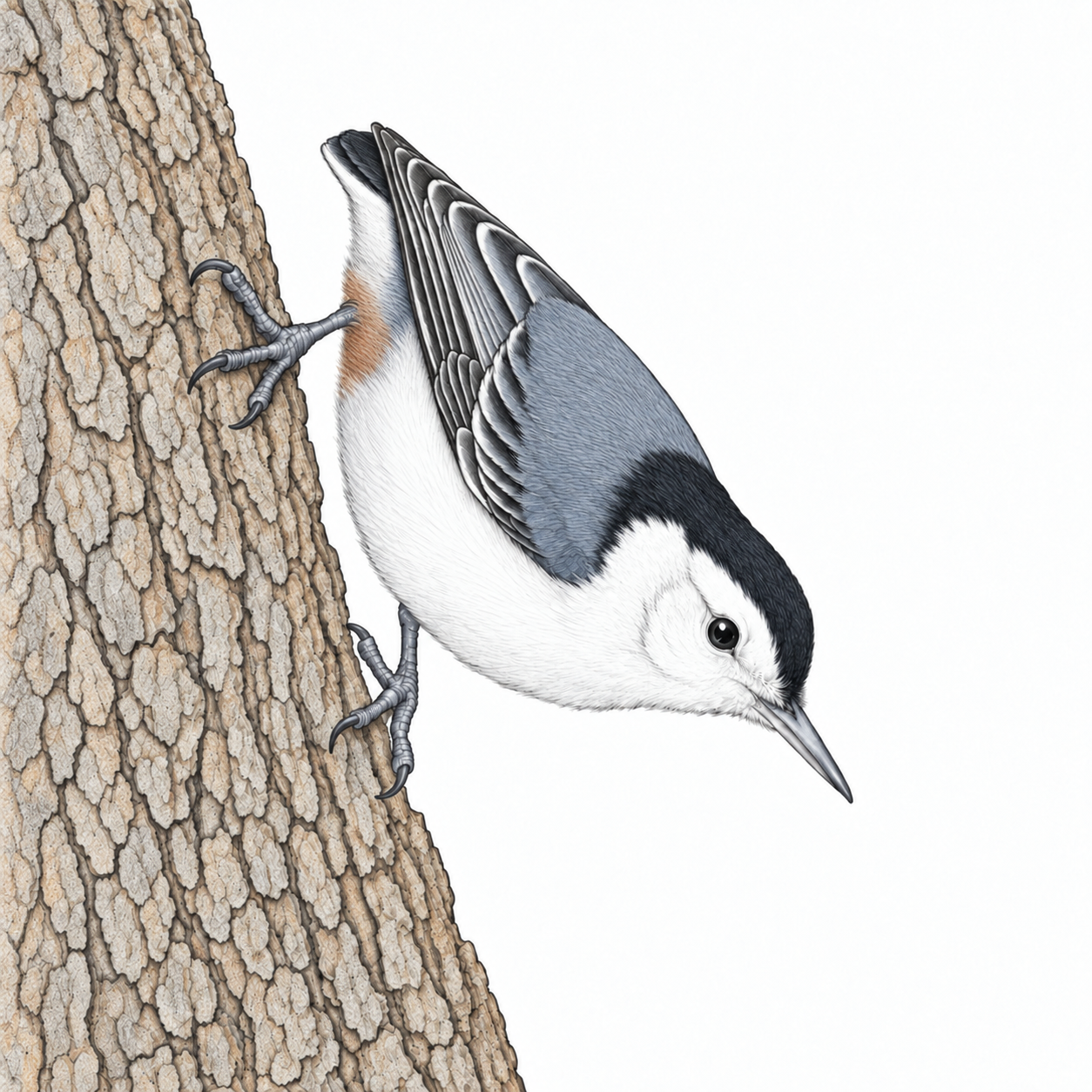 Colored illustration of White-breasted Nuthatch from the book